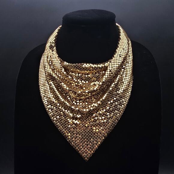 Whiting & Davis Jewelry - Whiting & Davis Gold Tone Mesh Bib Necklace Vintage Costume Jewelry